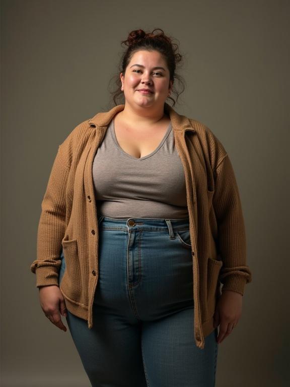 Portrait of a confident plus size woman wearing a beige cardigan and denim jeans