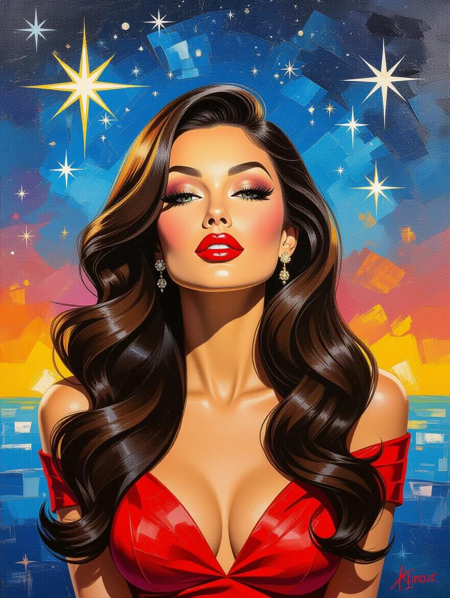 Wide angle view of an artistic fantasy scene. Abstract expressionist style painting. Beautiful brunette woman represents 1967 fashion with long voluminous hair. She wears a vibrant red outfit. Background includes a cosmic star field. Incorporates rich colors and textures. Focus on makeup and artistic brushwork.