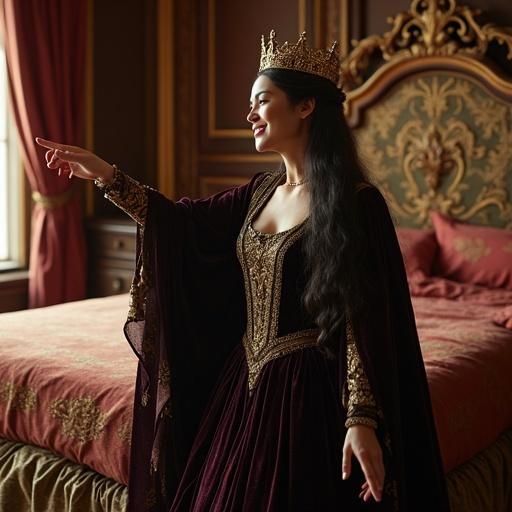A woman inspired by Eleanor of Aquitaine in an elegant medieval queen style. Porcelain smooth skin and long dark flowing hair. Wearing a luxurious dark velvet gown with intricate embroidery. An elegant gold crown on her head. In a dynamic pose with an extended arm and playful smile. Soft warm lighting enhances the medieval royal bedroom background.