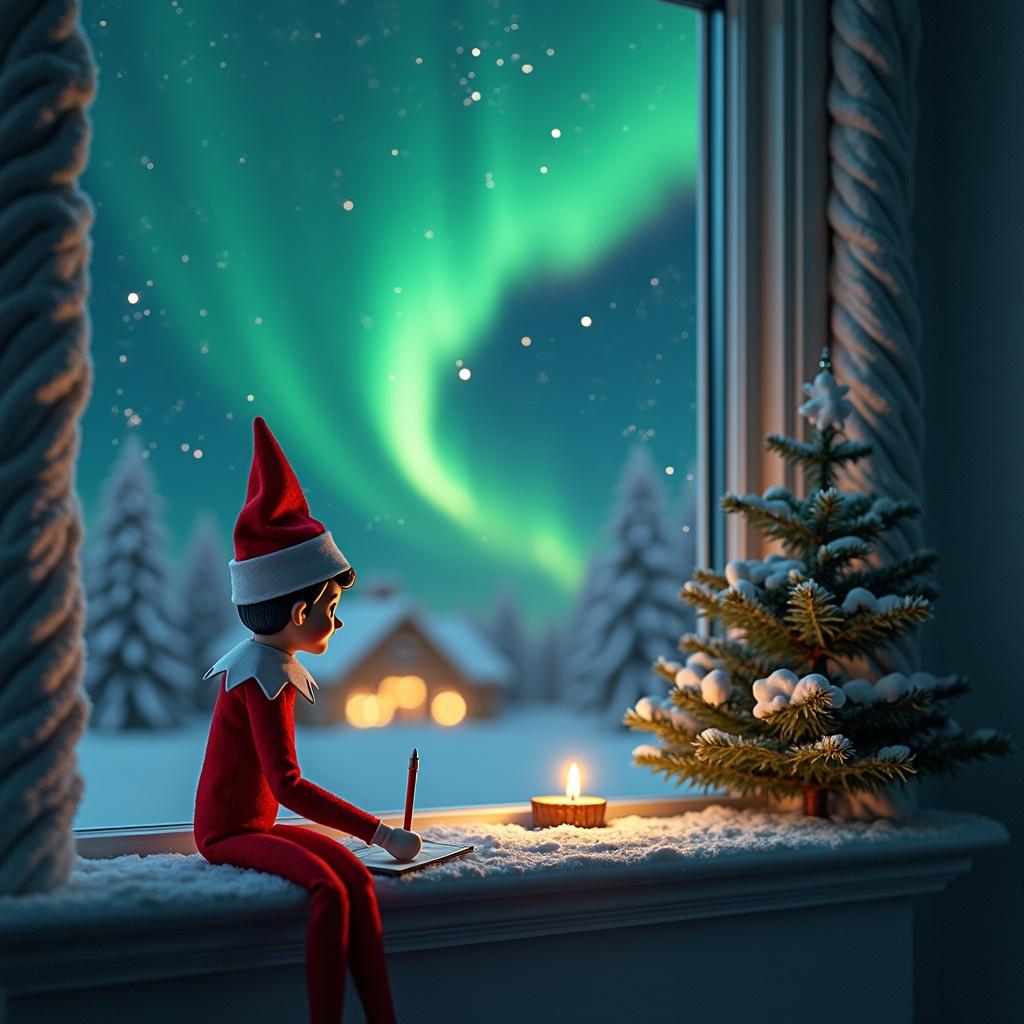 Elf on the shelf sitting at a window. He writes a note to Santa. Northern lights illuminate the night sky. A small Christmas tree sits beside him. A candle glows warmly on the window sill.