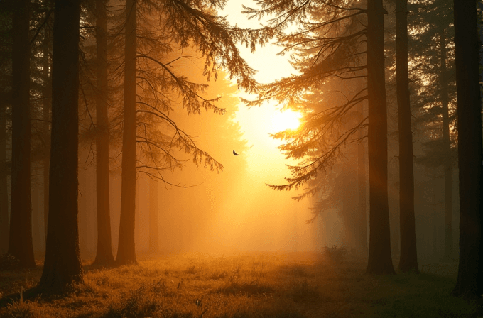 A serene forest scene with the sun casting warm golden rays through tall trees, creating a misty and magical atmosphere.