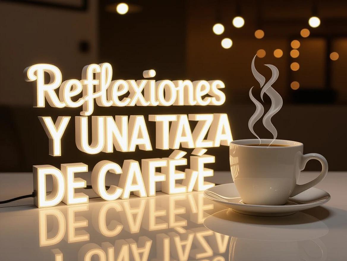 3D illuminated text saying Reflexiones y una taza de café. Text in warm white or gold acrylic with LED backlighting. Includes a white coffee cup on a table.