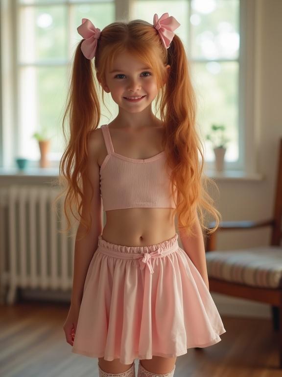A young girl with long blonde hair styled in twin tails wearing pink bows. She stands in a soft-lit living room. The girl has a slim waist and a flirty smile. She wears a short crop top and a pale pink miniskirt. Her outfit includes thigh-high socks with lace detail and simple black shoes. Captured in low resolution with bright colors typical of older phone cameras.