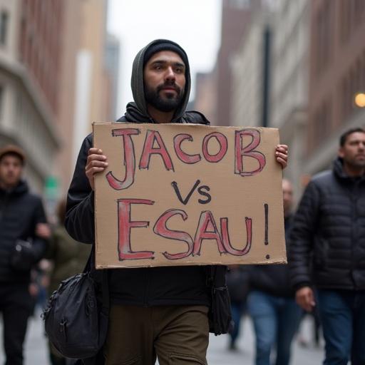 Empowering protester stands in an urban setting. Protester holds a sign that says Jacob vs Esau. The sign highlights a biblical theme with a modern interpretation.