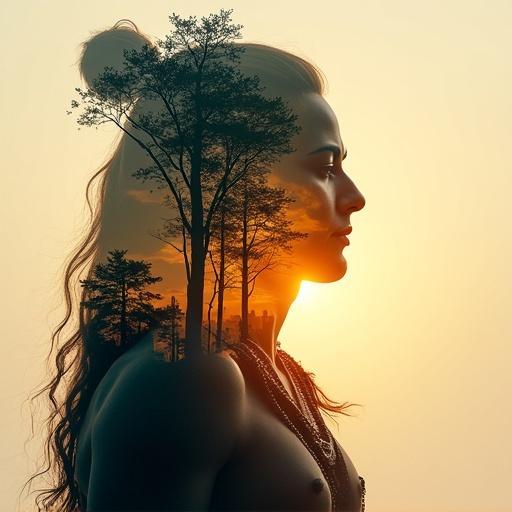 Create a visually rich double exposure artwork blending myth and modernity. Use Yuki Sakura's style showcasing Lord Shri Vishnu in a sacred jungle. Incorporate twilight elements for depth and a serene color palette. Focus on a harmonious blend of silhouettes and natural scenery.