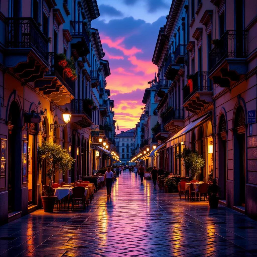 Street in Napoli during sunset. Colorful sky with orange, pink, and purple hues. Historic buildings lining the street. Tables outside cafes under soft light. People walking in the evening. Cobblestone street reflecting lights.