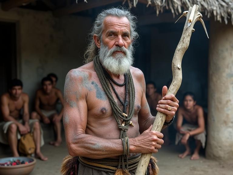 Three-quarter portrait of an older healer in a village center near a fire pit. Features lined face, ash-streaked beard, skin with white clay and charcoal. Wears layered wool and fur, bone shard necklace. Holds twisted wooden staff with feathers and teeth. Serene expression. Younger apprentices in background with herbal baskets.