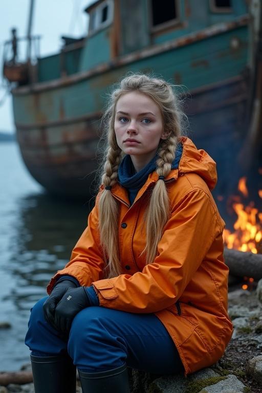 Exterior view of a rickety old fishing boat wrecked on an arctic island. A woman with long blonde hair in pigtails and bright blue eyes. She wears an orange raincoat and navy blue latex fishing dungarees. Sitting near a campfire inside the wrecked boat hull.