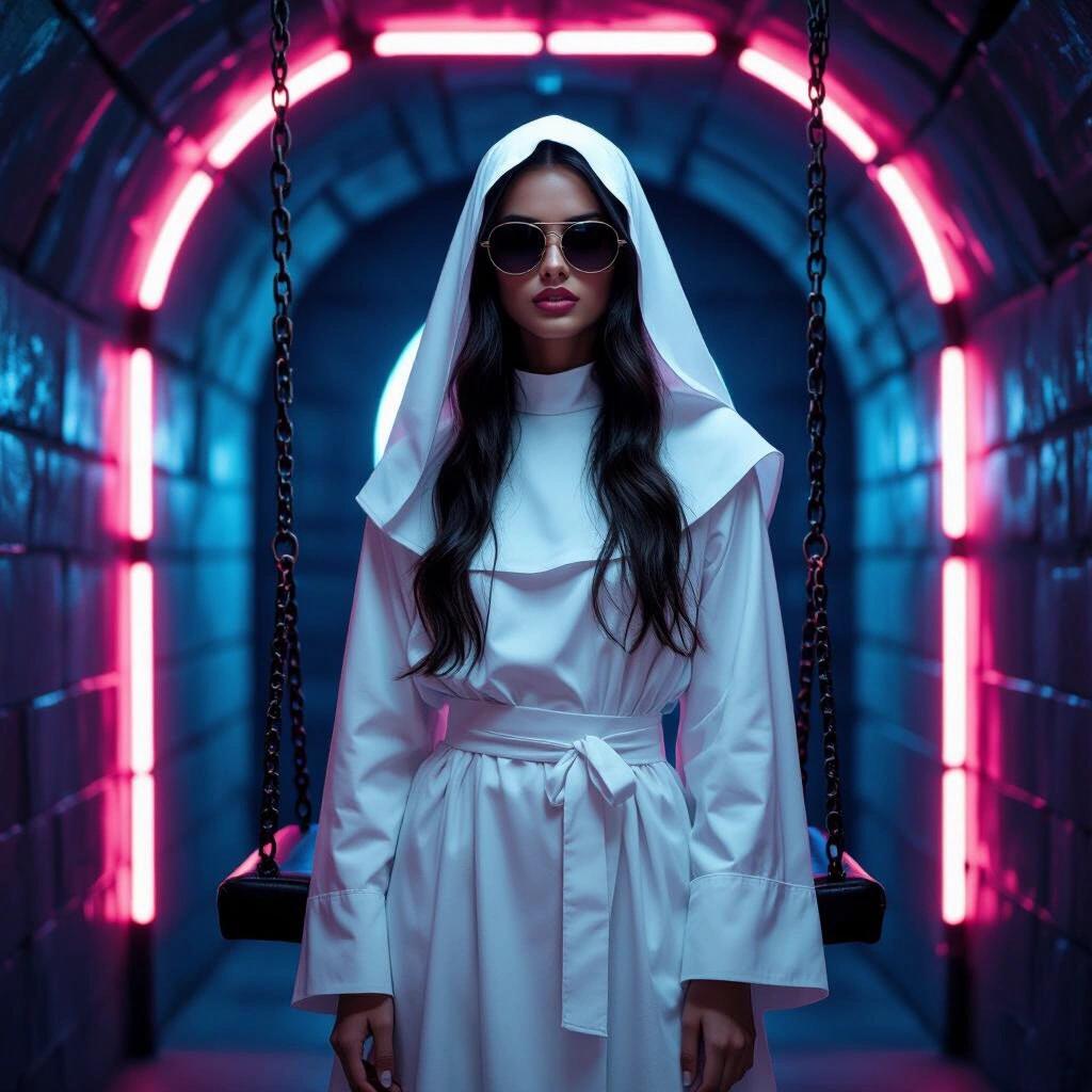 Female model in a light nun outfit stands in a neon-lit dungeon. She wears sunglasses. The setting has a small leather swing and dramatic lighting.