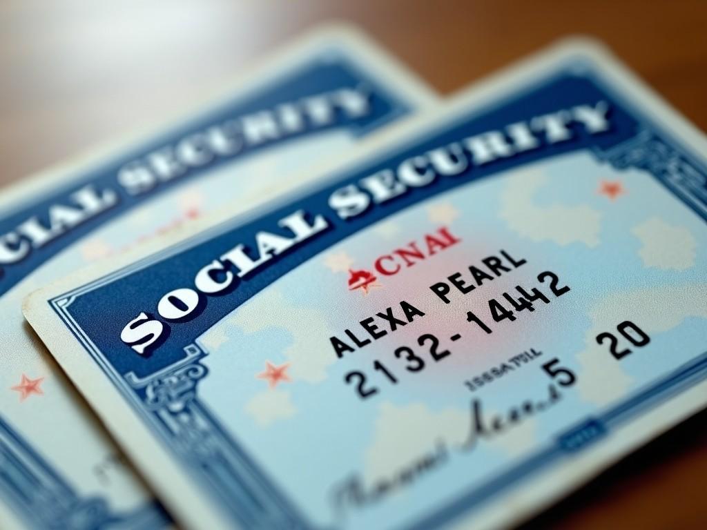 A close-up of Social Security cards with a focus on the name and number details, showcasing the card's design and lettering.