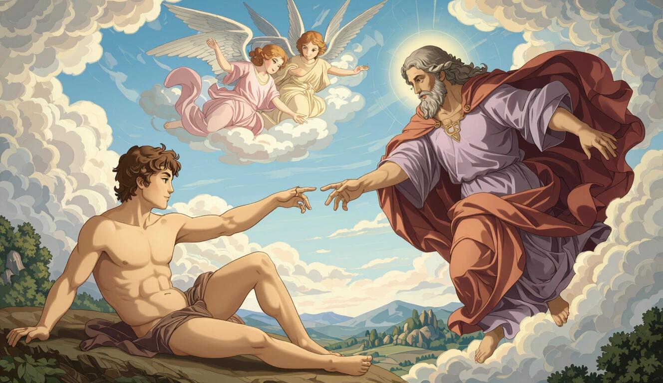 Anime reinterpretation of Michelangelo's Creation of Adam with Adam as a youthful male and God as a majestic elder surrounded by angels. Adam is semi-reclining with a bare upper body, expressing denial through a hand gesture. God is depicted in flowing robes, hesitating as he reaches out. Emphasis on emotional distance in their faces, intricate details and warm colors, blending Renaissance and anime styles.