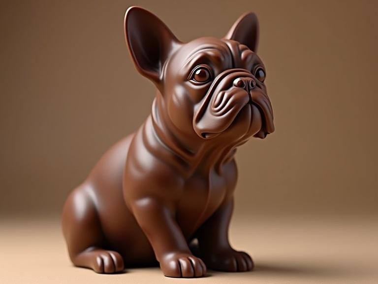 French bulldog made from dark chocolate milk chocolate and white chocolate. Professional studio product photo with a bite taken out of its left ear.
