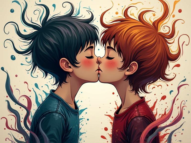 Two boys kissing in an abstract style. Colorful spikes and swirls create dynamic background. Emotional and vibrant representation of youth and love.