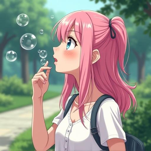 Anime illustration of a woman with pink hair blowing bubbles at a park. She stands on a path surrounded by greenery. The scene conveys a playful and cheerful atmosphere.