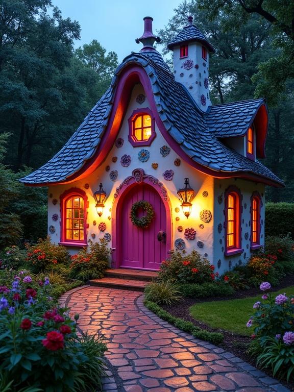 Whimsical cottage at dusk with a colorful facade and enchanting garden. The cottage has a steep pitched roof, vibrant mosaics, and a fuchsia door with warm windows. A winding pathway leads to the cottage surrounded by flowers and greenery. Soft lighting enhances its magical appeal.