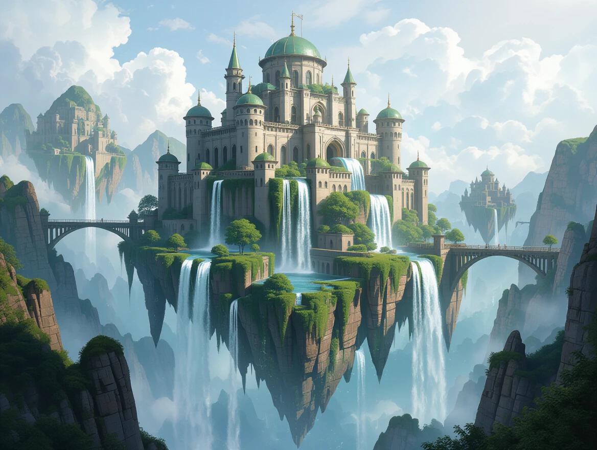 A majestic floating fortress is surrounded by vibrant waterfalls. Bridges crafted from shimmering light connect to the fortress. Lush greenery decorates the landscape. Impressive spires and domes define the architecture. Scene radiates a magical atmosphere with soft blue skies and white clouds.