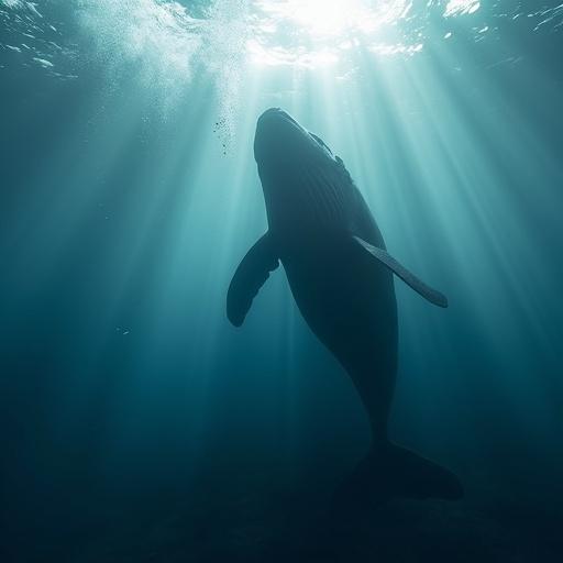 Wide-angle vertical POV from the ocean floor. Sunbeams pierce through water. Drifting particles and bubbles in midground. A massive whale glides across the shimmering surface creating a silhouette. Scene captured with photorealism and cinematic tone. Dominated by deep blues and silver highlights. Evokes a peaceful and awe-inspiring mood.