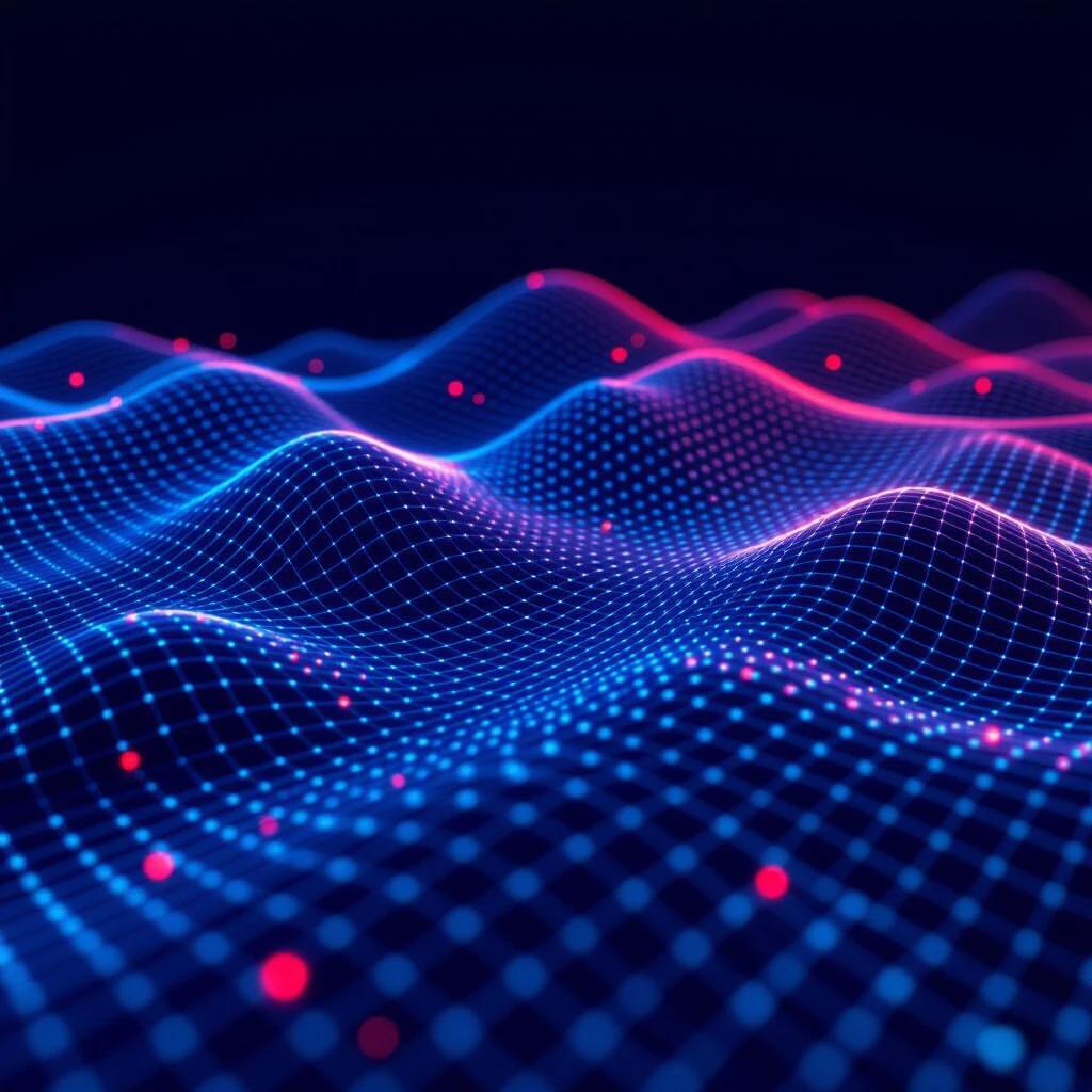 Futuristic 3D terrain map of data with a grid system. Dark blue and red light reflections on a solid dark background. Smooth models set in a minimalistic environment with gradient lighting effects and abstract aesthetics.