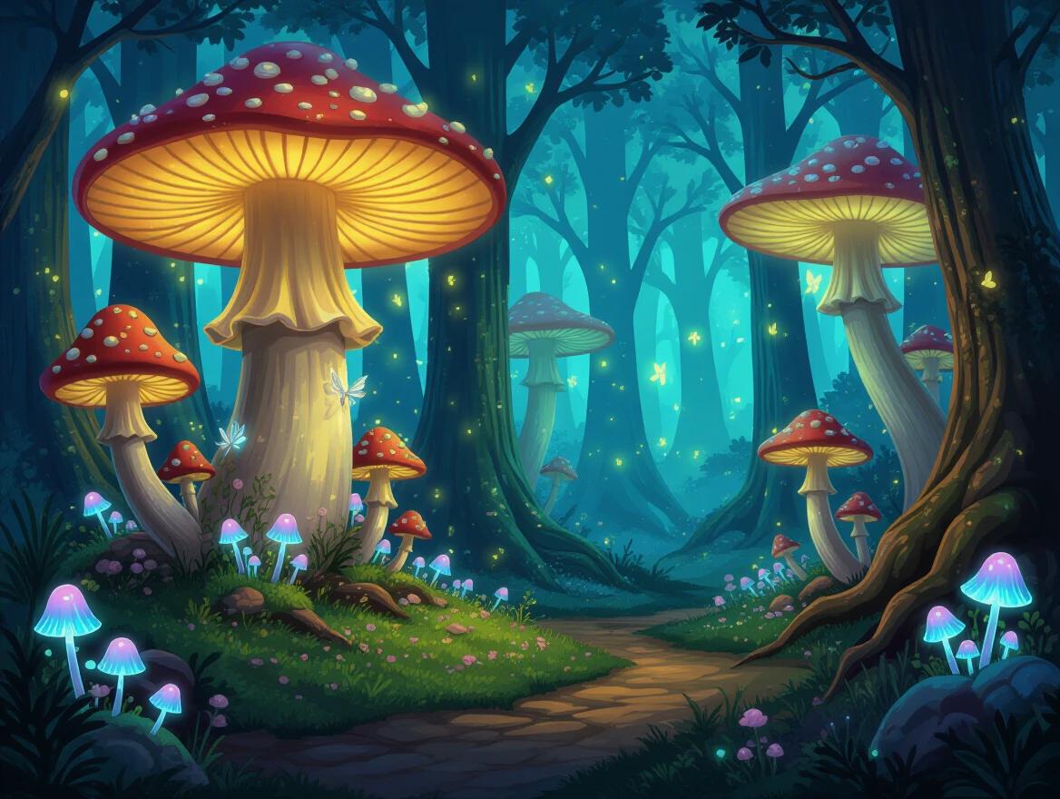 A magical forest with towering mushrooms illuminated by soft light. Glowing fairies flutter around among vibrant mushrooms and lush vegetation. A winding path invites exploration through the enchanting scene.