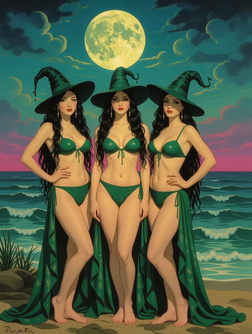 Surreal art features three figures in green attire on a beach. Full moon rises in the background. Shades of green and magenta create a whimsical atmosphere. Figures have long hair and wear witch-like hats and capes. A blend of fantasy elements and natural scenery.