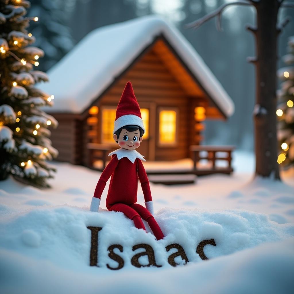 An elf on the shelf sits happily in a snowy landscape. He wears a red outfit with a white collar, complete with a festive hat. Behind him is a cozy cabin, warmly lit to create a magical holiday atmosphere. The ground is blanketed in soft, white snow, where he writes ‘Isaac’ in the snow. Trees decorated with twinkling lights surround him, contributing to the peaceful winter scene that evokes the spirit of Christmas.