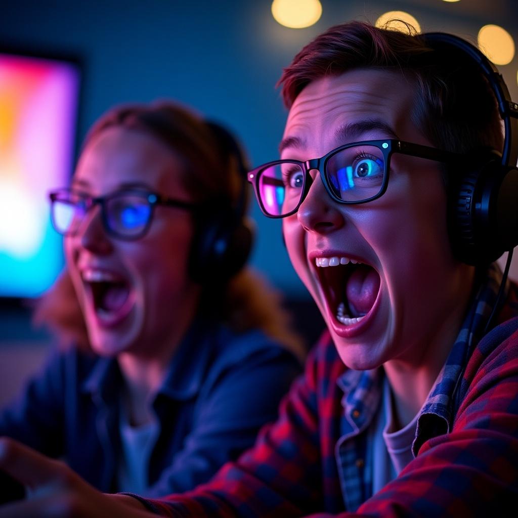 Two excited individuals with glasses play video games. Colorful screen illuminates their faces. They show enthusiasm and joy. Headphones on their heads. Close up on their expressions.