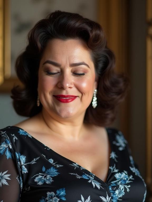 Charming housewife close-up portrait. Woman with closed eyes and slight smile. Features thick body and face wrinkles. Long diamond earrings and big red lips. Wears vintage black and blue floral dress. Styled with 1950s hairstyle. Set in vintage living room.
