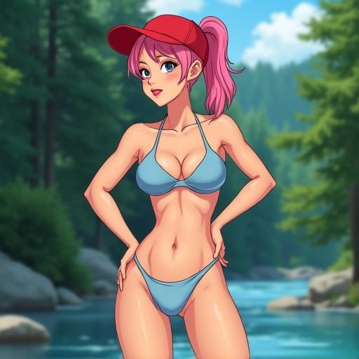 A woman with pink hair in a ponytail wearing a red cap and a light blue bikini posing at the river in the forest