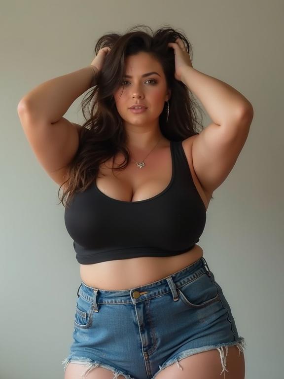 Chubby woman wearing denim shorts and a leotard. Hands in hair looking confidently at viewer.