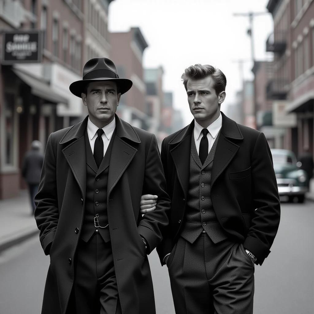Two men walking together on a vintage street. Both are dressed in stylish suits typical of the early 20th century. Black and white photography captures a classic Hollywood vibe. The setting evokes a nostalgic atmosphere.