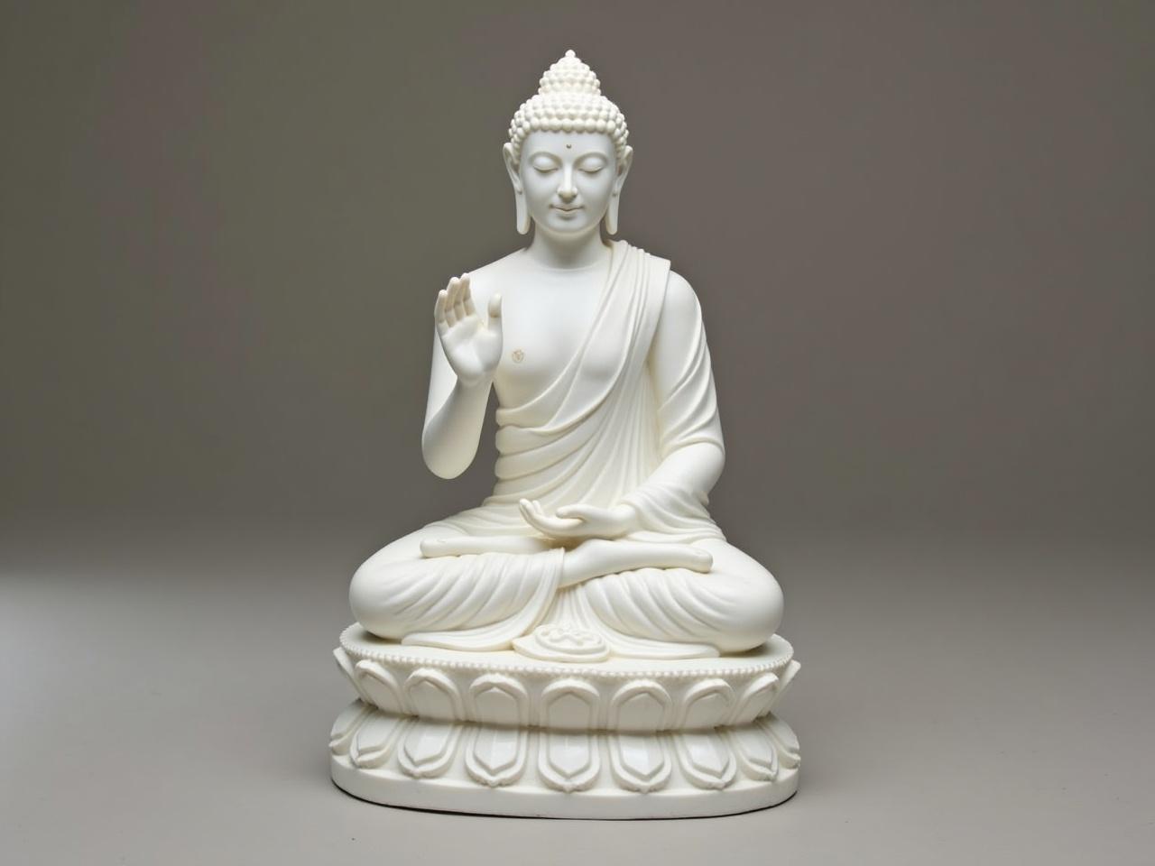 The image features a marble sculpture of a seated figure. The figure is positioned in a meditative pose, with one hand raised in a gesture of blessing or teaching. It's notable for its smooth and polished surface, showcasing the detail in its draped clothing and serene expression. The base of the sculpture includes ornate patterns that enhance its artistic appeal. The background is softly blurred, placing focus on the statue.