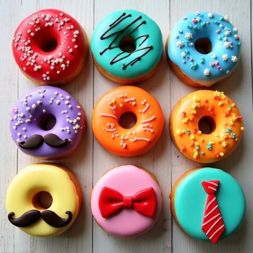 Nine donuts with colorful frosting. Top row with red sprinkled donut teal drizzle donut light blue sprinkles donut. Middle row purple mustache donut orange sprinkled donut yellow donut with bow tie. Bottom row hot pink striped donut light pink tie donut green donut. All arranged on rustic wooden surface. Bright overhead lighting showcases the texture and color.