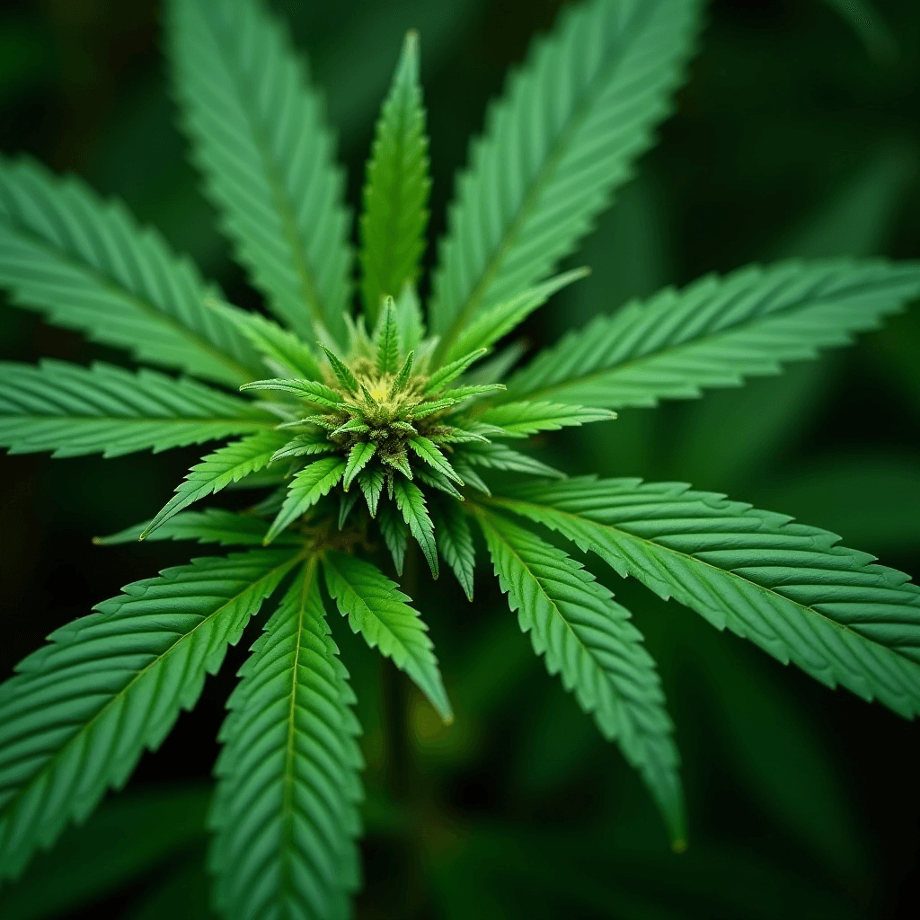 A vibrant green cannabis plant with detailed leaves radiates outward.