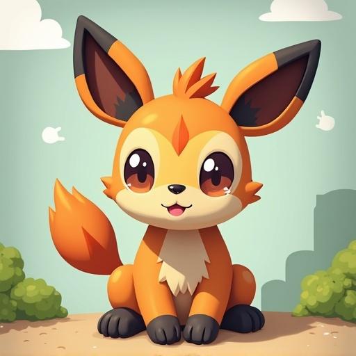 Plushie style fox character with big eyes sitting happily against a bright background