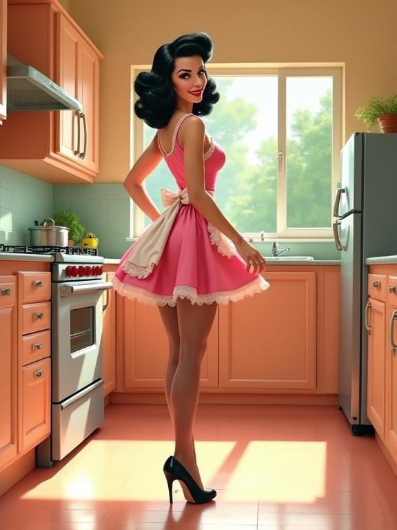 A glamorous pin-up housewife stands playfully in a 1950s retro-style kitchen. She wears a pink vintage dress with a white frilly apron. Black sheer stockings and black high heels enhance her outfit. Hair is glossy black styled in vintage waves. She strikes a flirtatious pose with one leg bent, looking over her shoulder. The kitchen features peach cabinetry, a vintage oven, and a stainless steel refrigerator. Sunlight streams through a large window with green trees outside. The floor is shiny and reflective enhancing the clean feel of the space. The entire scene exudes a polished, stylized look.