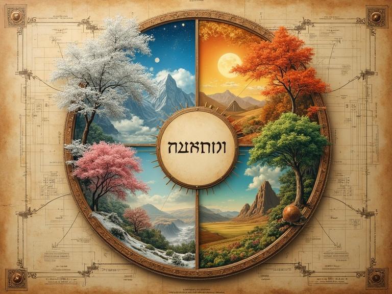 Engineer's blueprint of four seasons on a divine table. Show winter, spring, summer, and autumn transition. Center Inscription reads 'seasons' in Aramaic. Detailed schematics of celestial mechanics. Illustrates mastery of nature.