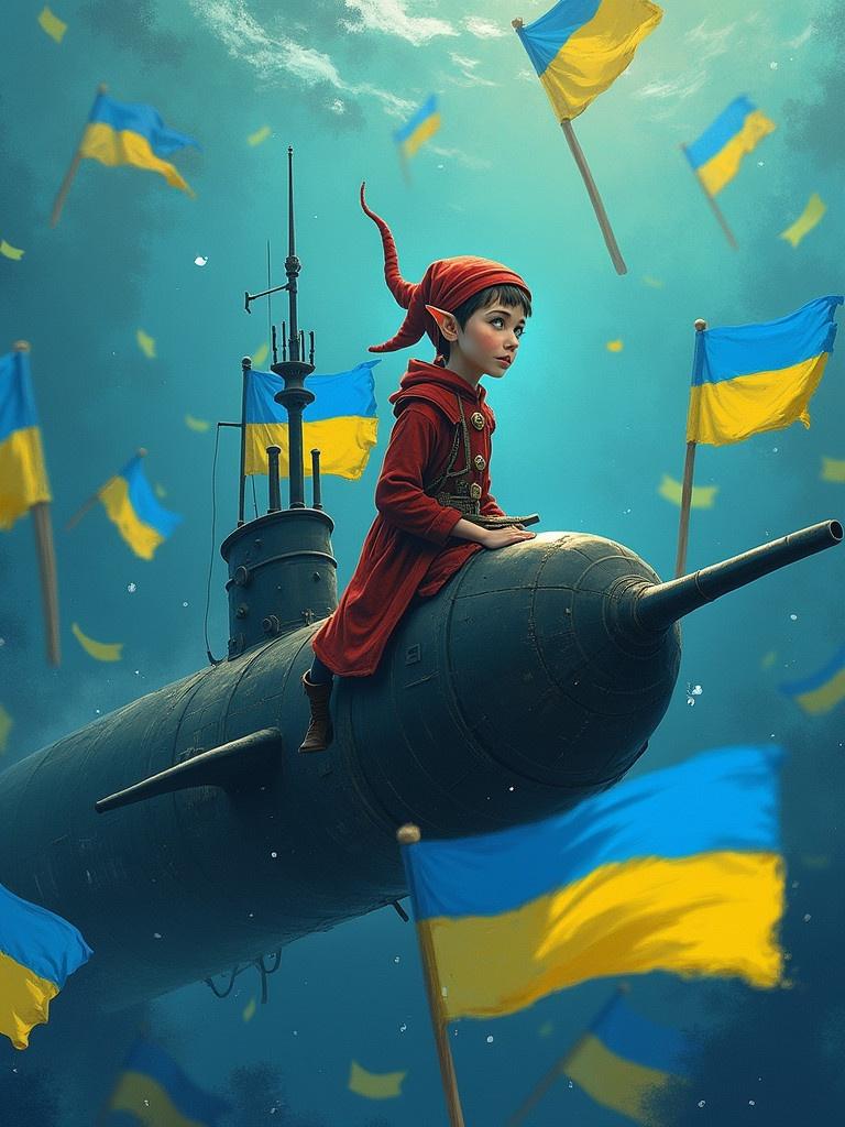 Illustration of an elf sitting on a submarine surrounded by blue and yellow Ukrainian flags. The scene conveys a whimsical underwater adventure with fantasy elements.