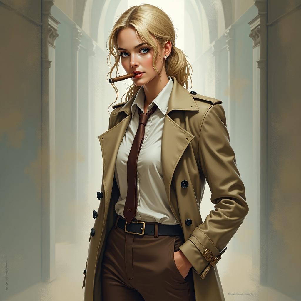 Portrait of a female character inspired by DC's John Constantine. Features include a smooth light complexion, long eyelashes, intense blue eyes, and a Silk Cut cigar. She wears a beige trench coat, brown pants, a shirt, and a tie. Hair is straight, light blonde, in a low ponytail. The setting is slightly dramatic and urban.