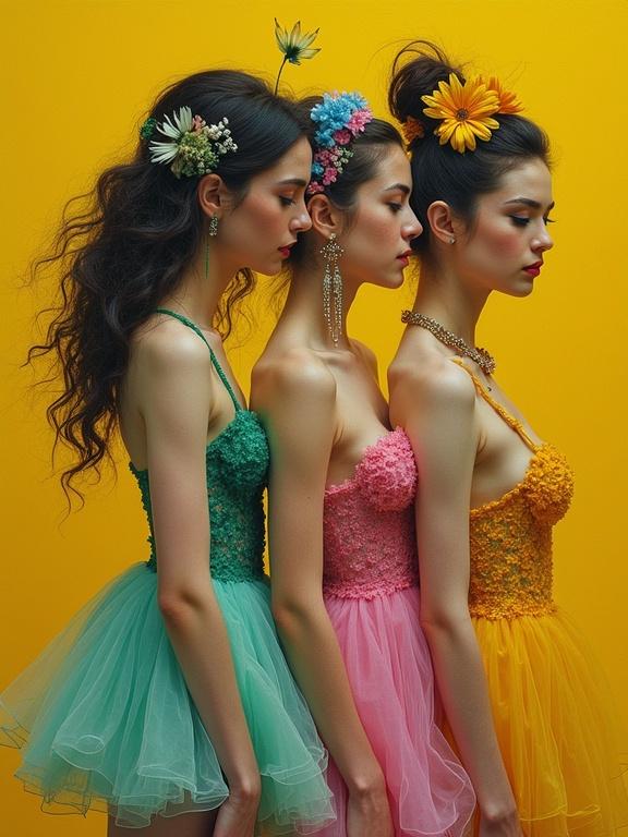 Surreal portrait with three models. They wear see-through dresses in green, pink, and yellow. Hair adorned with flowers. Bright yellow background. Hyper-detailed and whimsical.
