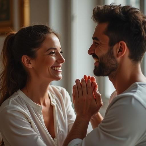 A woman congratulating a man in a playful manner, pulling his ear. They are engaged and smiling with warmth. The setting is cozy and inviting.