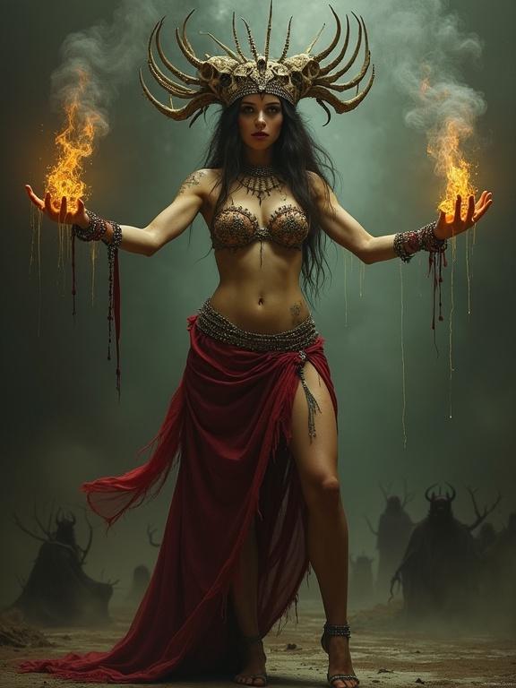 A powerful dark sorceress wearing a skull headdress and intricately jeweled bikini top. She has a long flowing red skirt. She casts a dark yellow-brown spell from her hands. Shadows of dark figures are in the misty background.