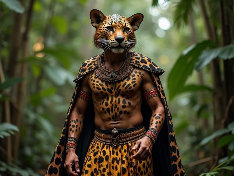 Male dancer in traditional attire with jaguar-patterned cape and body painted with jaguar spots. Feline stance in jungle setting with ceremonial vibe.