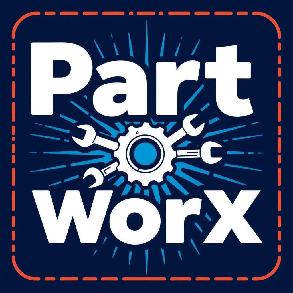 Logo design for Part WorX. Bright colors used. Dominant blue background. Features a gear and crossed tools. Text is bold and clear. Modern and relatable aesthetic.