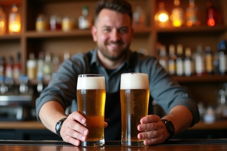 A bartender behind the counter holds two glasses of beer. The environment is warm and inviting. The bartender has an athletic build. The bar features various bottles of alcohol and a rustic wooden design.