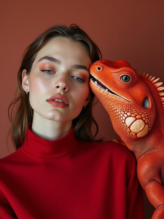 High-resolution photograph of a young woman in a red top with a realistic red iguana. Woman has fair skin and light brown hair slicked back. Closed eyes suggest serenity. Iguana has detailed crimson skin and human-like expression. Background is warm gray with red undertones. Focus on their bond in surreal composition.