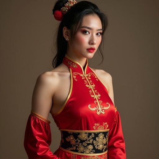 Mature woman wearing a red traditional Chinese dress with gold detailing. The outfit features a high collar and elegant sleeves. Accessories include a hair embellishment. The background is neutral to emphasize the attire.