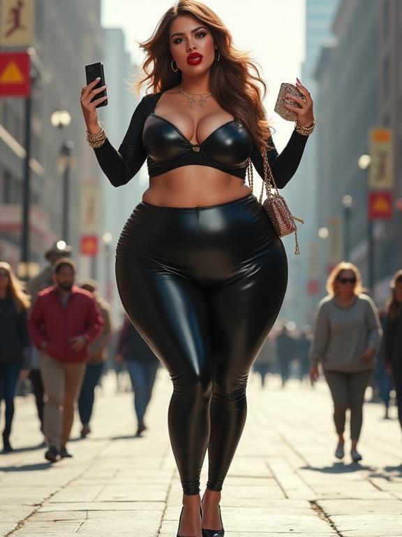 A caricature of a woman on an urban street. Oversized lips and clown-like makeup. Exaggerated hips and buttocks. Tight black leggings emphasize proportions. Small handbag and smartphone in hands. Smug expression and overconfident posture. Harsh sunlight shows flaws. Cartoon style with exaggerated features.