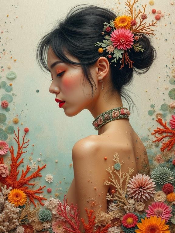 A 3D multi-layered oil painting features a nude woman with a floral headpiece. The background is textured with coral reefs, sea shells, and Algae. Intricate details show vibrant colors. It has a surrealistic and tranquil atmosphere. The composition exudes depth and a sense of magical beauty.