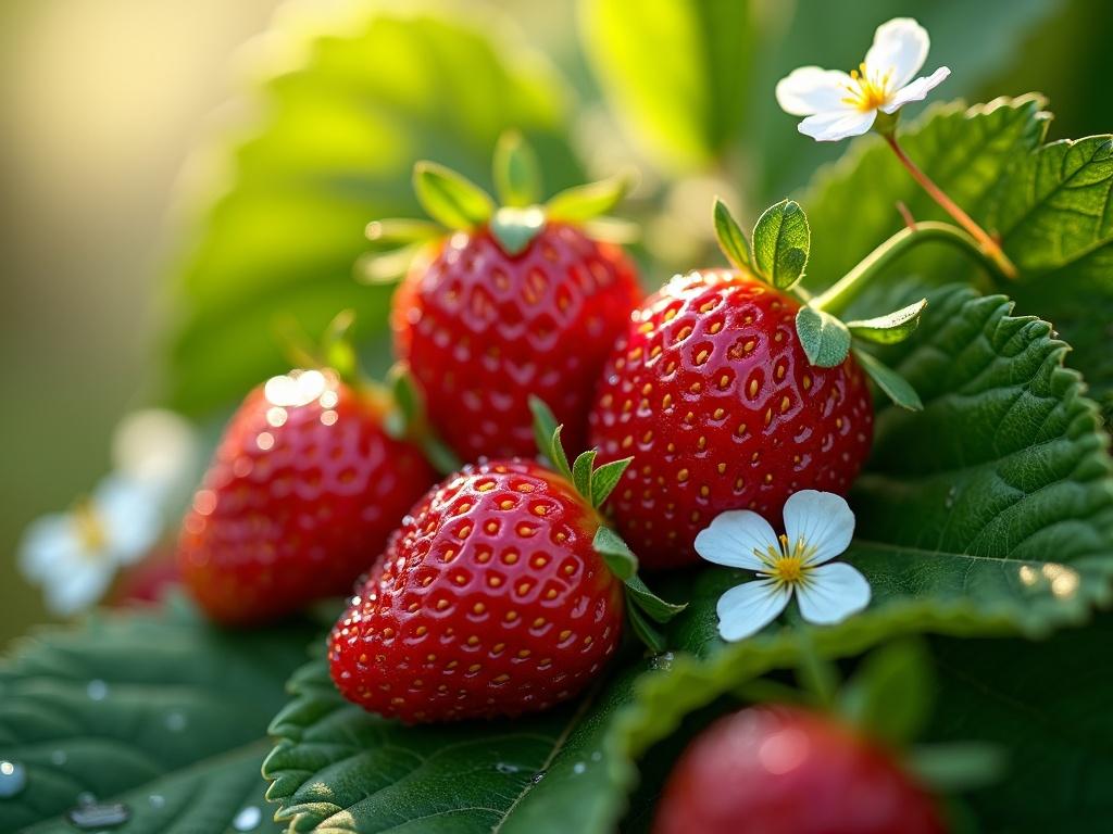 Close-up of plump, juicy strawberries on green leaves. Sunlight filters through the leaves, casting a gentle light. Strawberries glisten with dewdrops, showcasing textures. Some strawberries nestle together with white flowers nearby. Scene feels vibrant and alive, embodying summer.