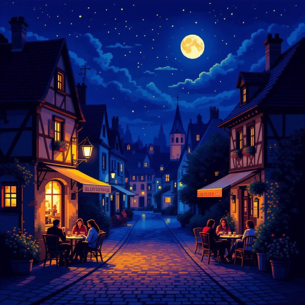A pixel art piece depicting a nighttime scene of a European town street. Soft yellow and blue colors create a warm, tranquil atmosphere. Buildings adorned with warm lights create a charming view. An outdoor café in the center with relaxed customers enjoying the evening. A full moon hangs over the scene with stars in the sky, adding mystery and romance. The detailed pixel style perfectly presents the town's tranquility and warmth, inviting viewers into this enchanting night.